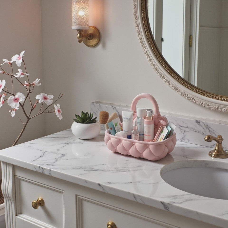 Quilted catchall basket with tufted detailing on vanity countertop, plush makeup and skincare organizer
Soft padded vanity basket with handle holding makeup brushes and skincare bottles
Decorative quilted organizer basket for bathroom or dresser storage
Aesthetic vanity catchall basket used for jewelry, makeup, and daily essentials