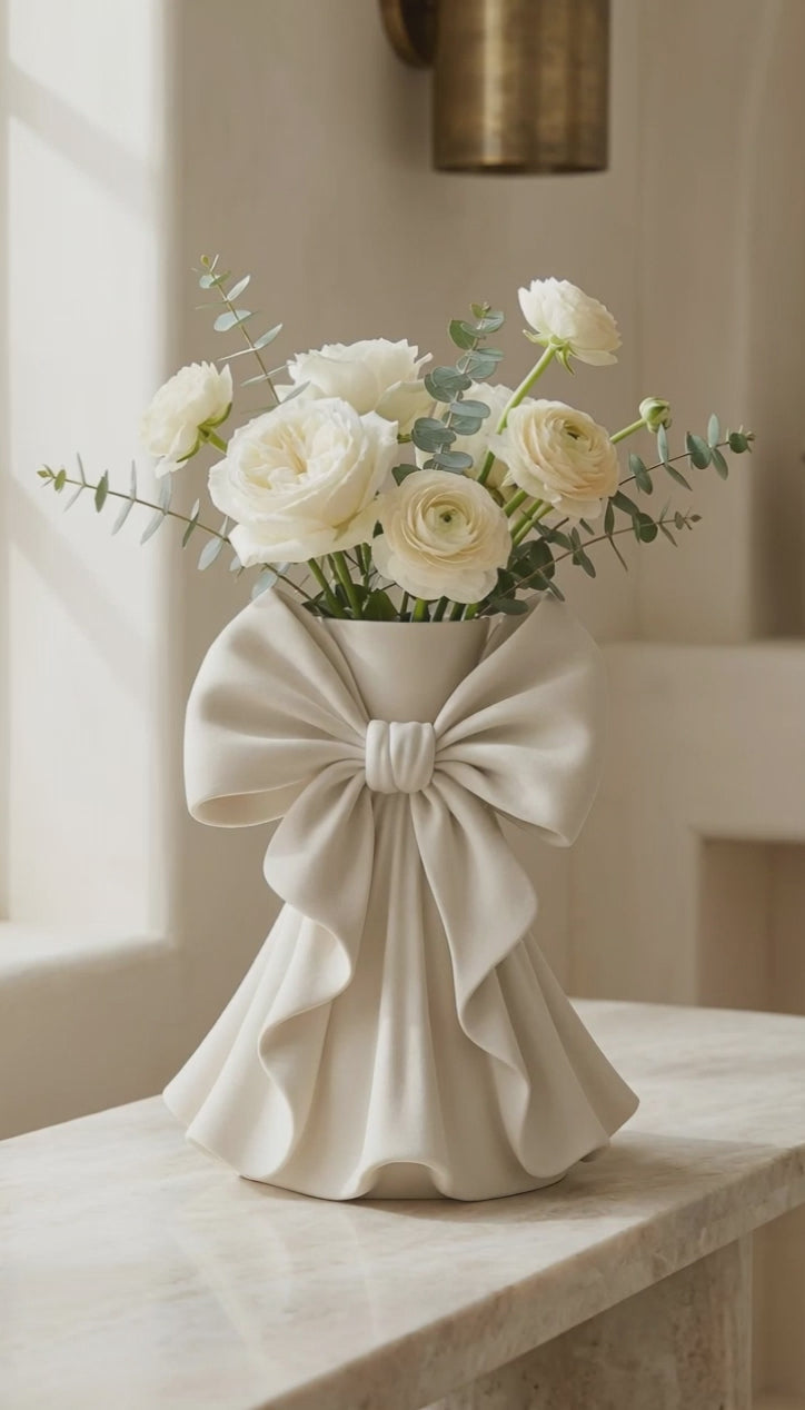 Coquette bow vase with pleated fabric-style design in soft pink on a vanity table
Romantic bow flower vase styled with roses and feminine home decor
Sculptural bow vase with matte finish for bridal and coquette interiors
Feminine decorative vase with gift-inspired silhouette and elegant bow
 Soft aesthetic flower vase designed for romantic and luxury spaces