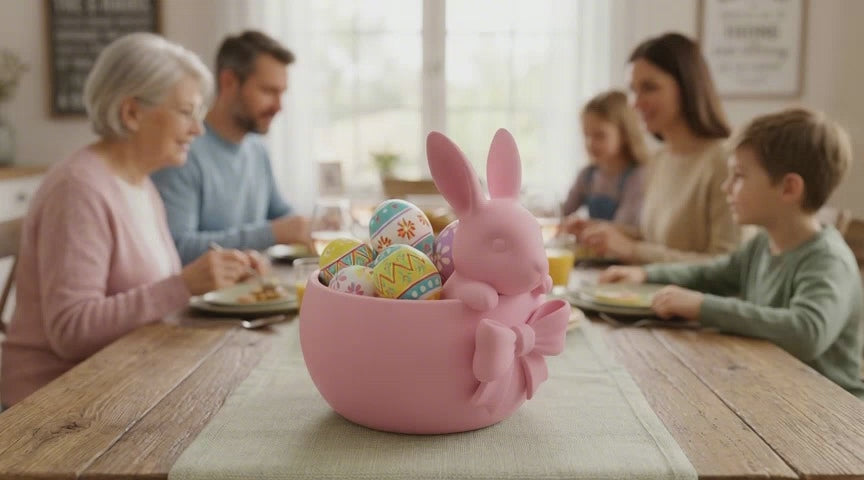 Pink Easter bowl with a bunny and bow detail, used as a cute candy dish for Easter eggs, chocolates, and spring table decor.