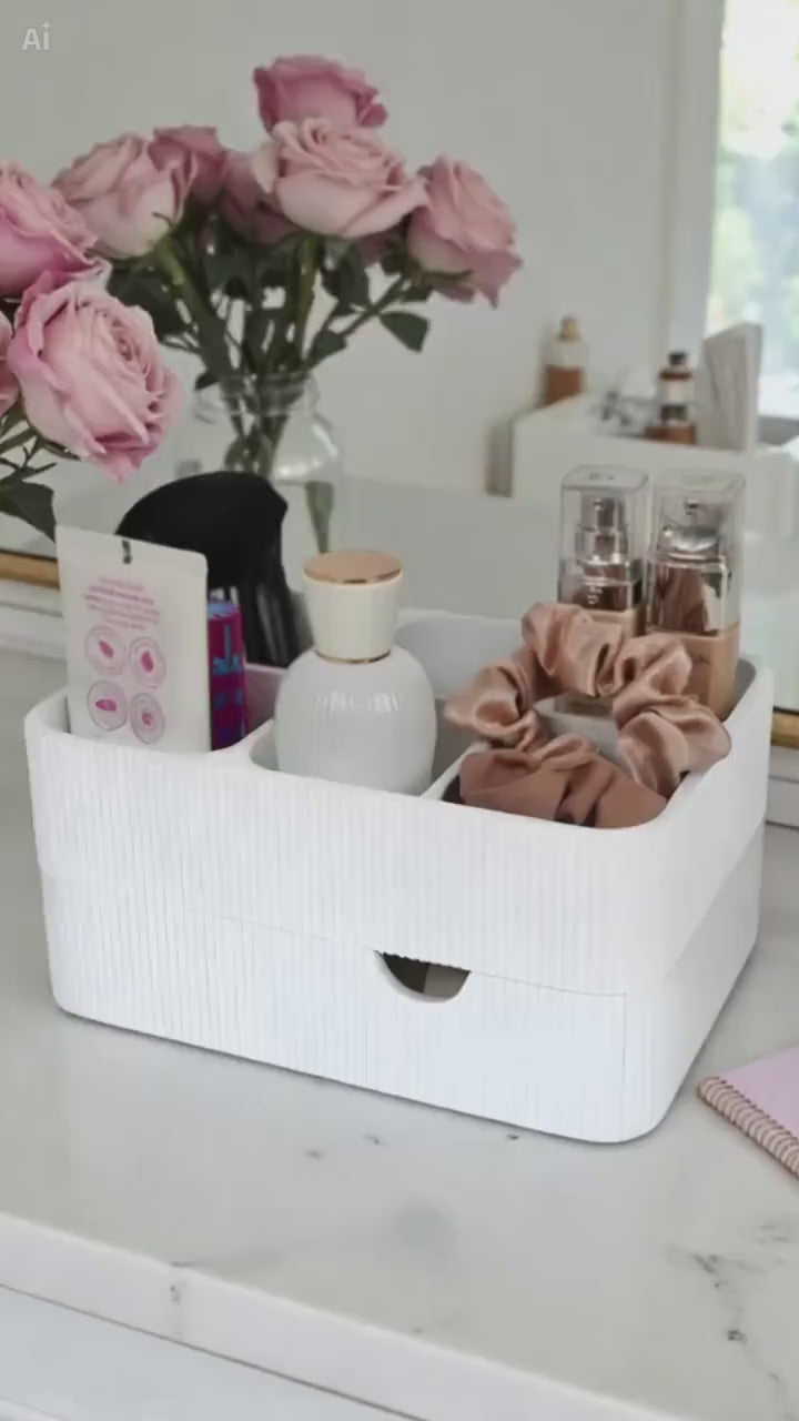 Organize your vanity with this stylish makeup organizer with drawer. Perfect for storing cosmetics, brushes, skincare and beauty accessories.