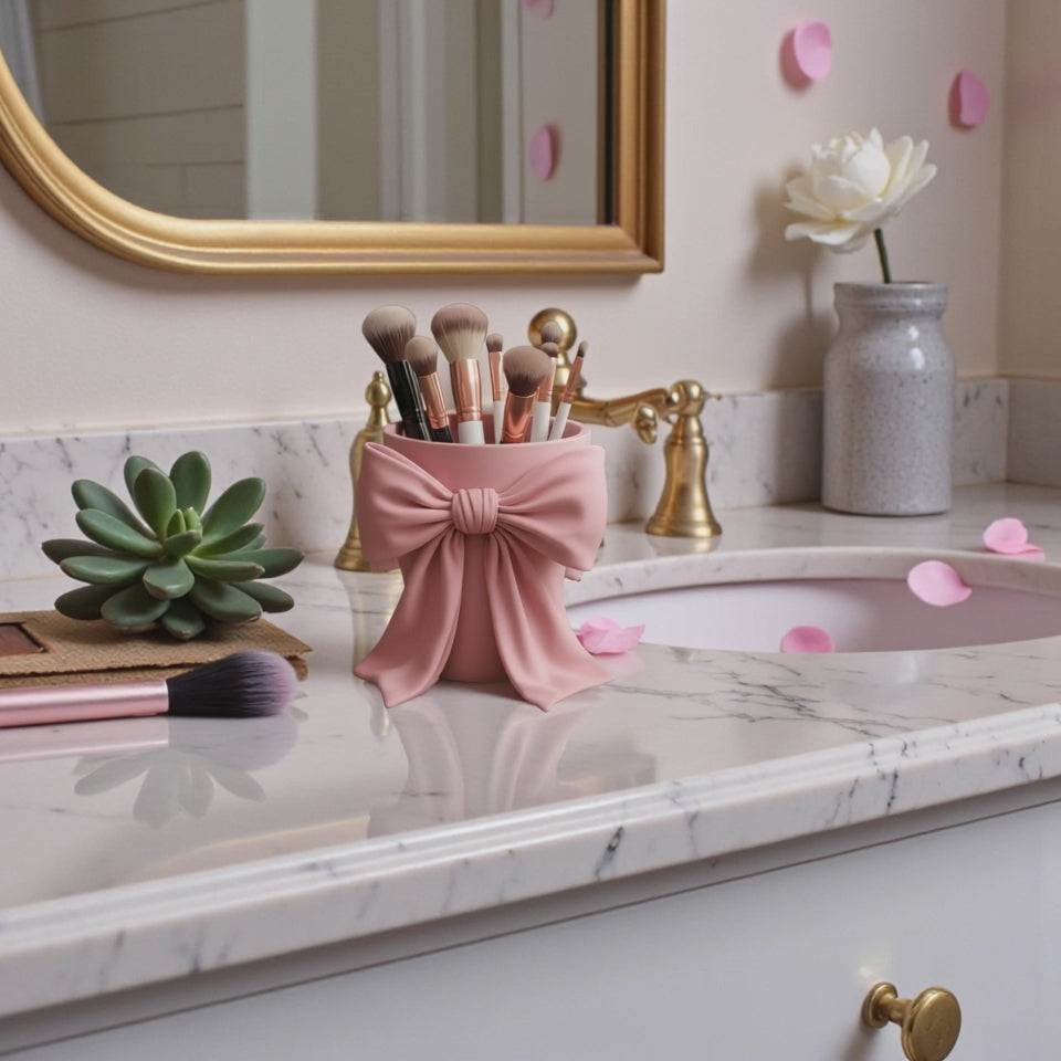 May include: A pink makeup brush holder with a bow design, holding several makeup brushes. Other pink makeup accessories are visible in the background, including a mirror and compacts. The scene is set on a white surface.