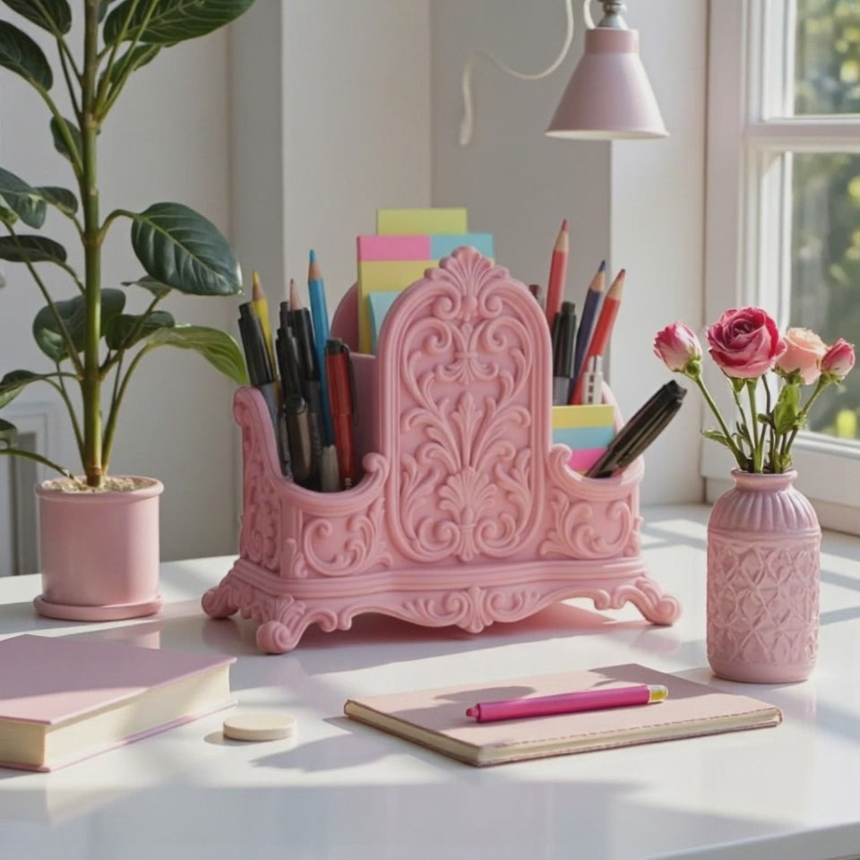 Pink Desk Organizer for Pens & Brushes, Makeup Brush Organiser, Cute Vanity Storage, Girly Office Desk Decor, Coquette Desktop Organizer