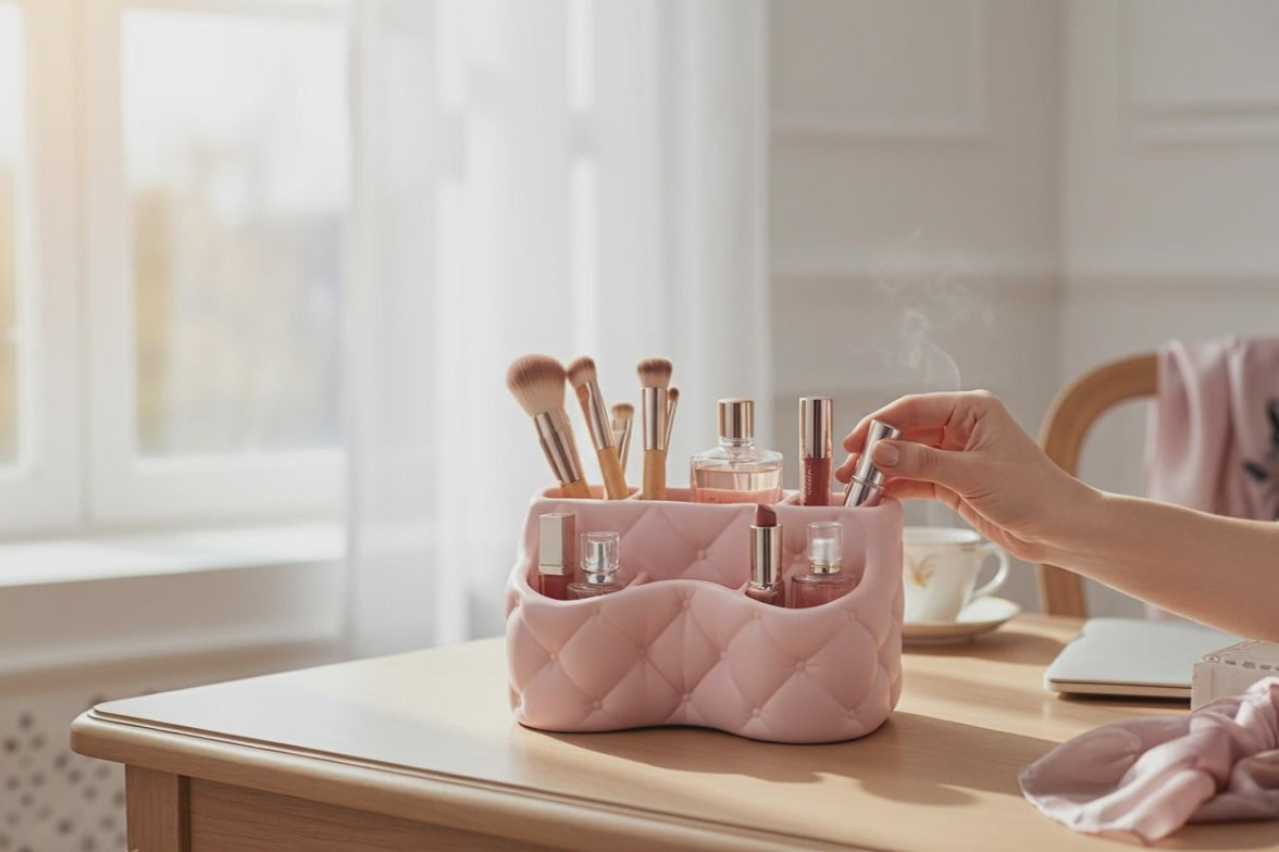Organise your beauty space with this pink quilted vanity organizer tray, perfect for storing makeup, cosmetics, and everyday essentials.