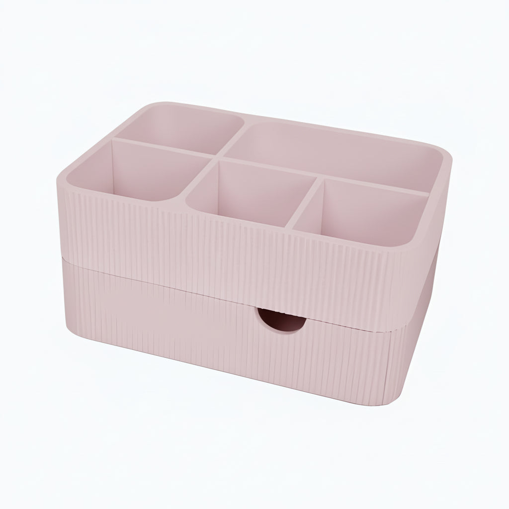 Organize your vanity with this stylish makeup organizer with drawer. Perfect for storing cosmetics, brushes, skincare and beauty accessories.