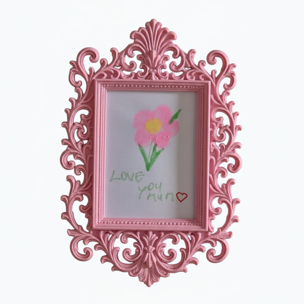 Display your child’s drawings or favourite photos with this pink ornate magnetic fridge frame – a decorative refrigerator photo magnet frame perfect for kids artwork and family memories.