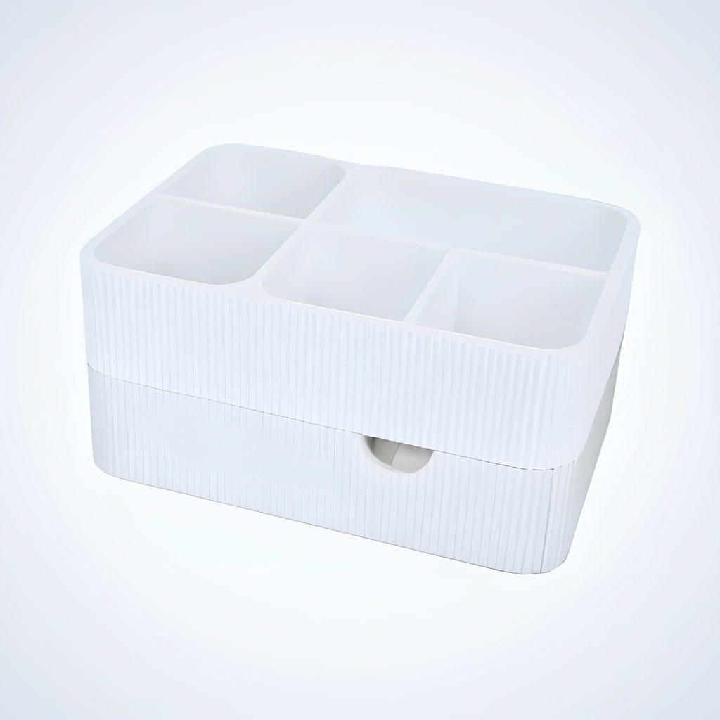 Organize your vanity with this stylish makeup organizer with drawer. Perfect for storing cosmetics, brushes, skincare and beauty accessories.