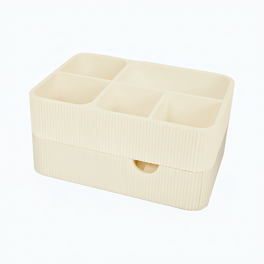 Organize your vanity with this stylish makeup organizer with drawer. Perfect for storing cosmetics, brushes, skincare and beauty accessories.
