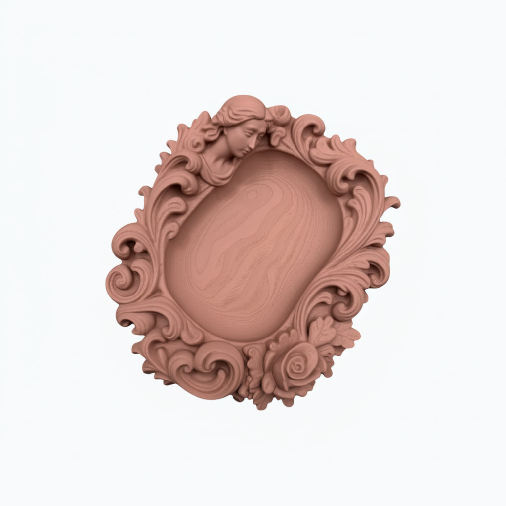 Pink rococo-style woman and rose catchall tray used as a jewelry dish, holding a gold ring, pearl earrings, and a necklace on a vanity surface.