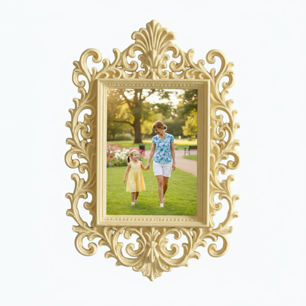 May include: A decorative pink picture frame with an elaborate, swirling design. The frame contains a photograph of a woman and child in a park. The frame is on a white shelf, with pink flowers and a candle.