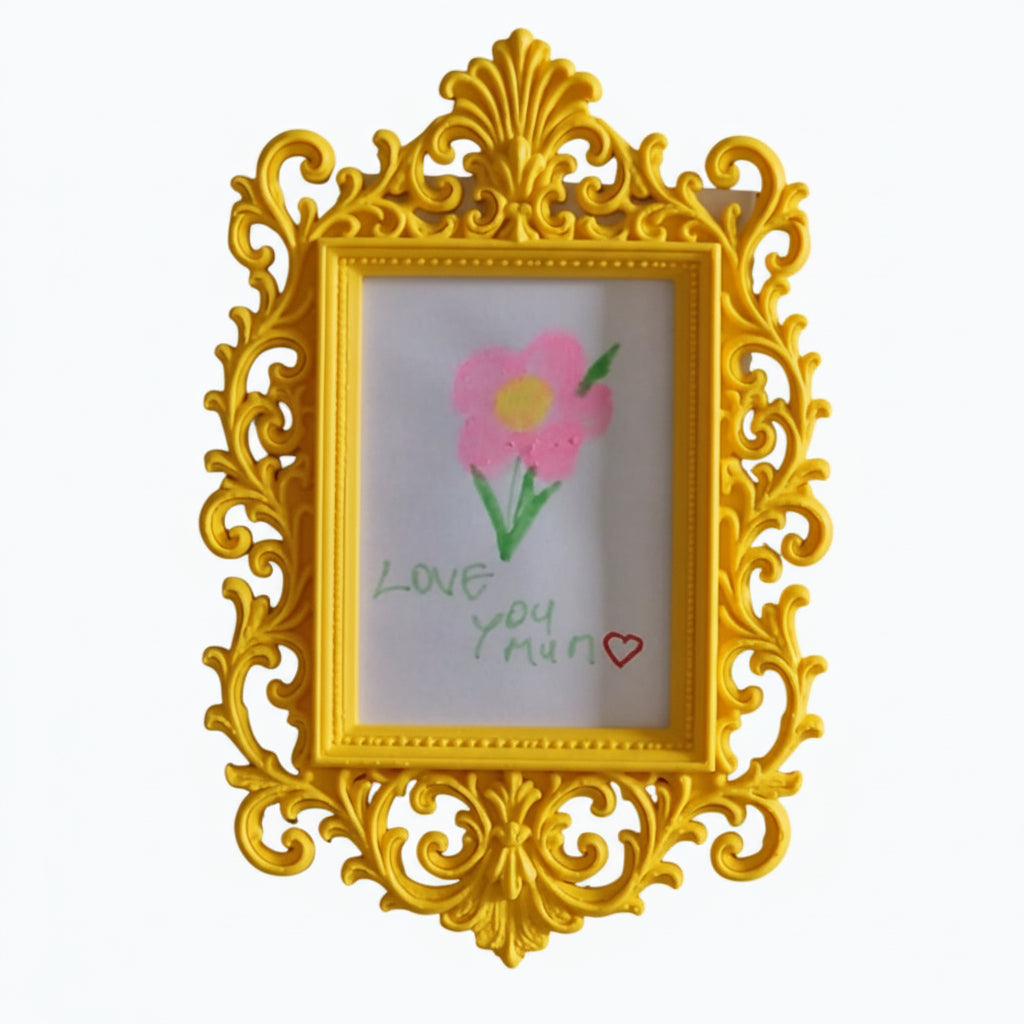 Display your child’s drawings or favourite photos with this pink ornate magnetic fridge frame – a decorative refrigerator photo magnet frame perfect for kids artwork and family memories.