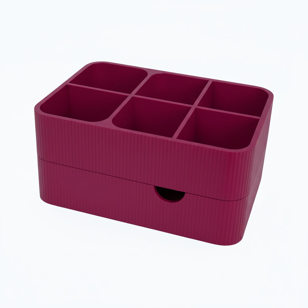 Organize your vanity with this stylish makeup organizer with drawer. Perfect for storing cosmetics, brushes, skincare and beauty accessories.