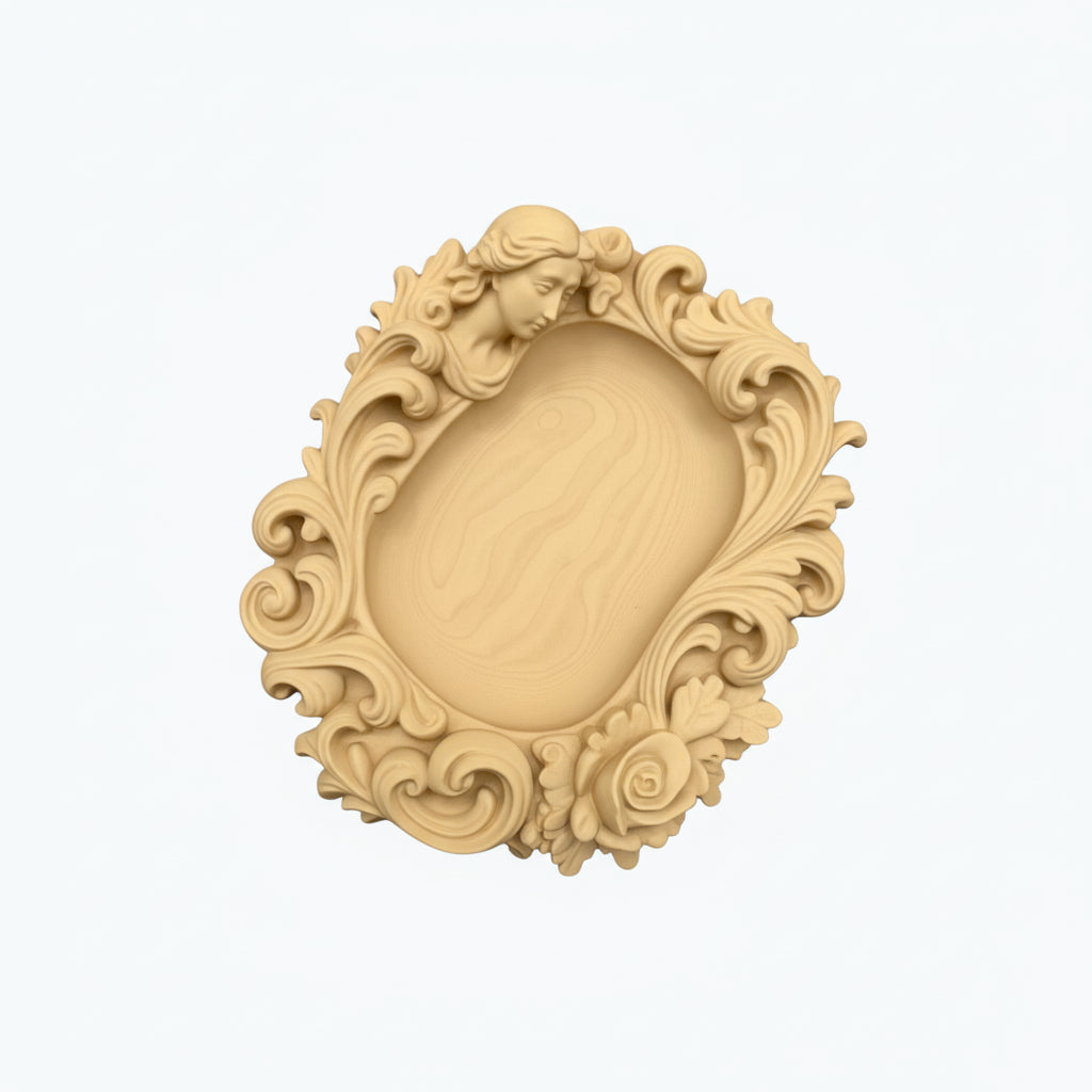 Pink rococo-style woman and rose catchall tray used as a jewelry dish, holding a gold ring, pearl earrings, and a necklace on a vanity surface.