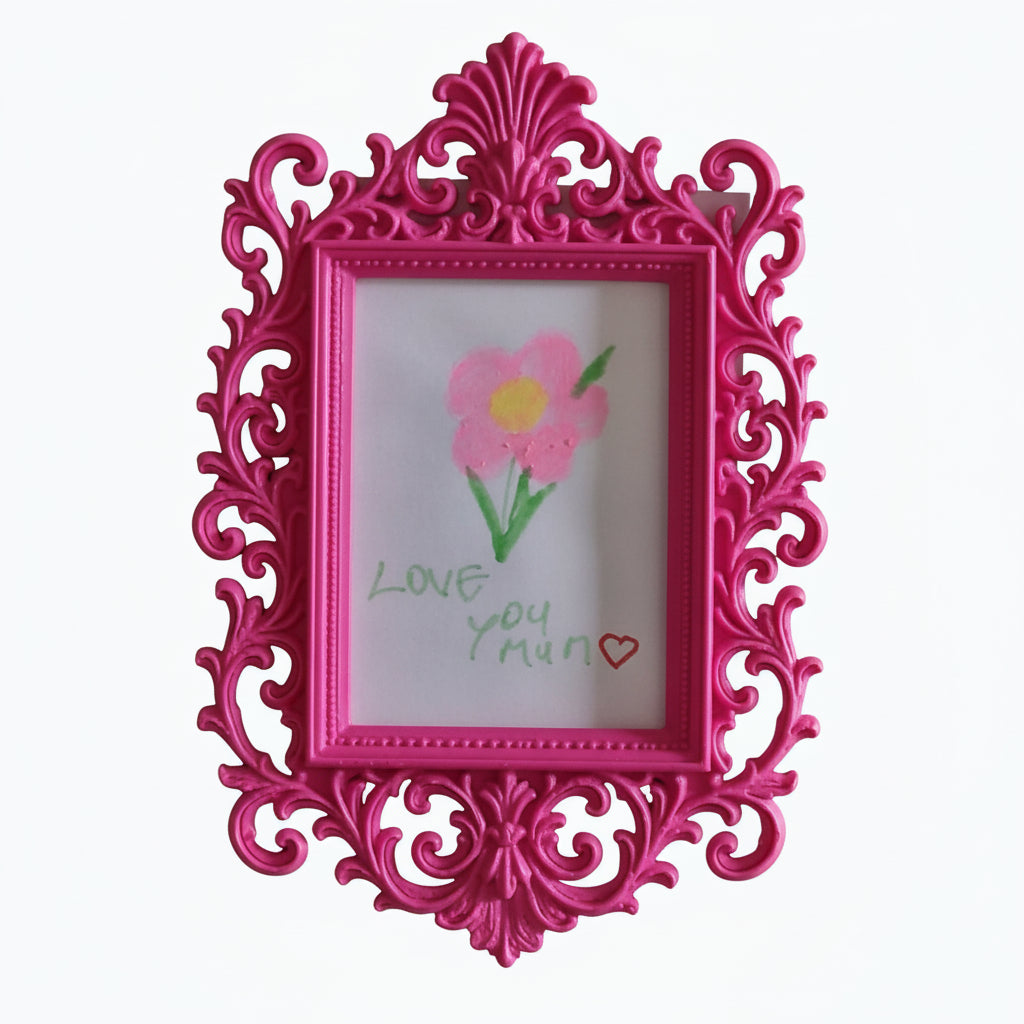 Display your child’s drawings or favourite photos with this pink ornate magnetic fridge frame – a decorative refrigerator photo magnet frame perfect for kids artwork and family memories.