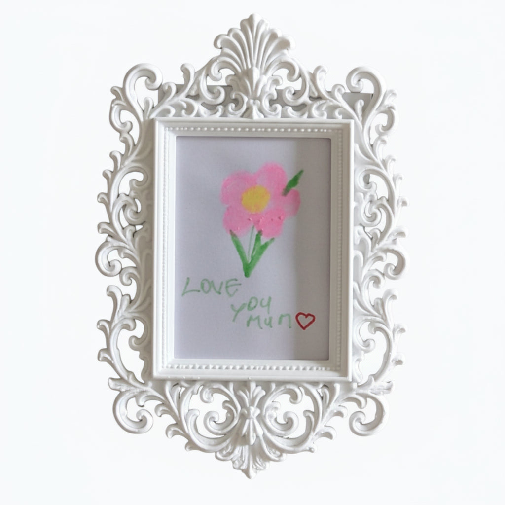 Display your child’s drawings or favourite photos with this pink ornate magnetic fridge frame – a decorative refrigerator photo magnet frame perfect for kids artwork and family memories.