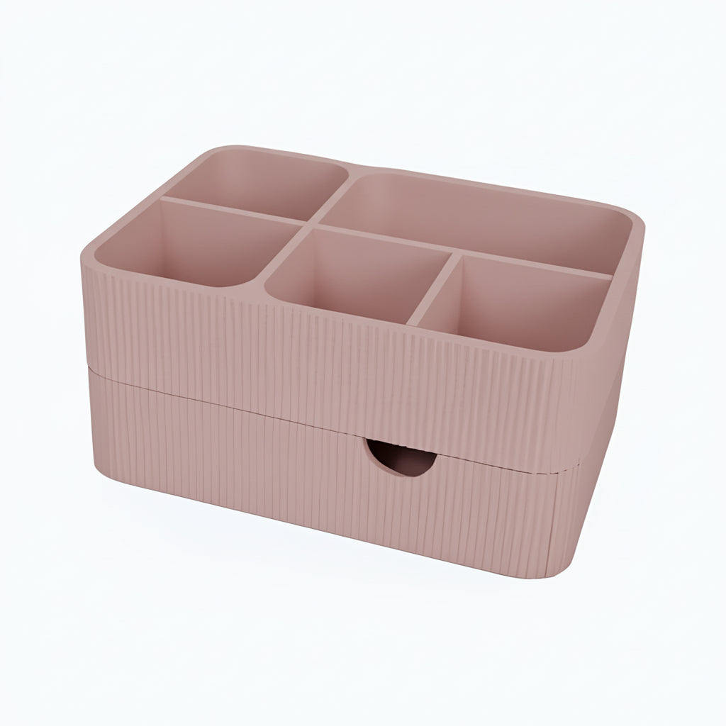 Organize your vanity with this stylish makeup organizer with drawer. Perfect for storing cosmetics, brushes, skincare and beauty accessories.