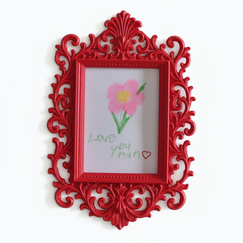 Display your child’s drawings or favourite photos with this pink ornate magnetic fridge frame – a decorative refrigerator photo magnet frame perfect for kids artwork and family memories.