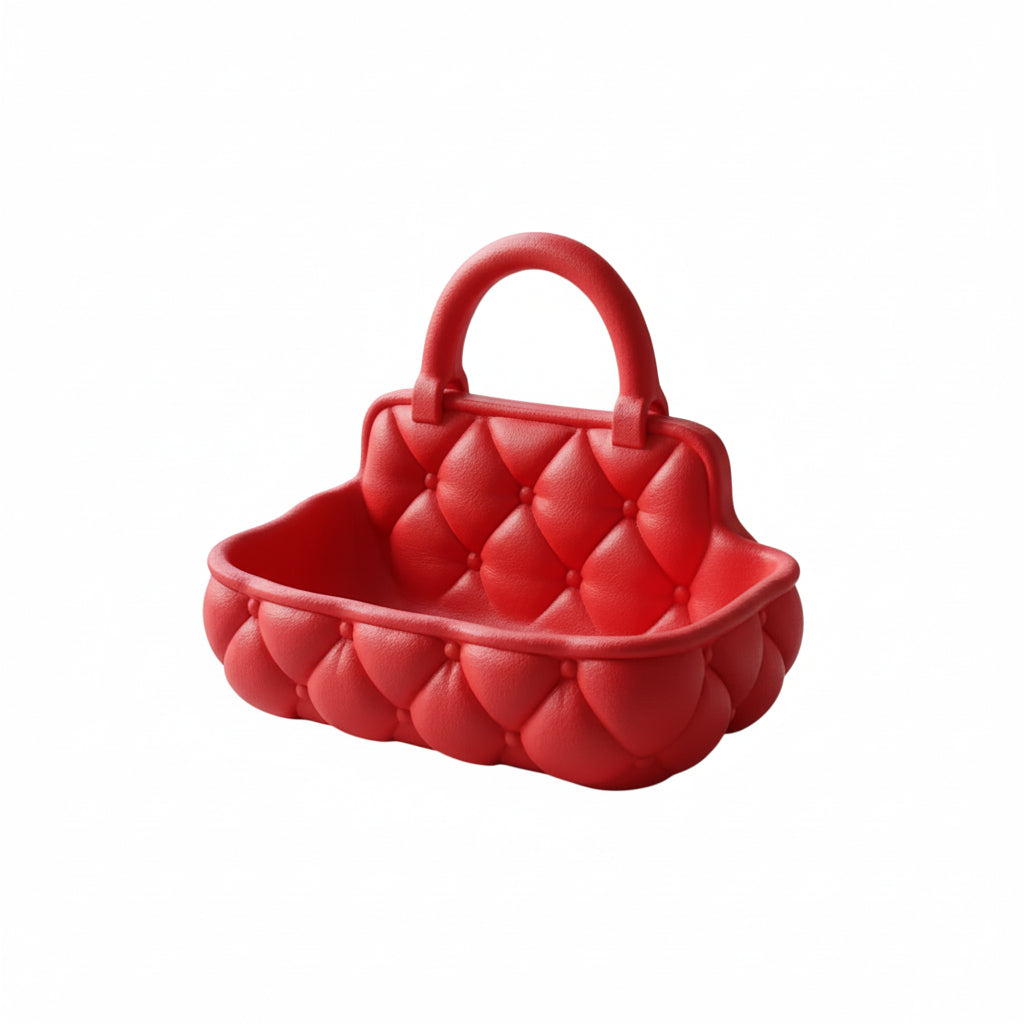 Quilted catchall basket with tufted detailing on vanity countertop, plush makeup and skincare organizer
Soft padded vanity basket with handle holding makeup brushes and skincare bottles
Decorative quilted organizer basket for bathroom or dresser storage
Aesthetic vanity catchall basket used for jewelry, makeup, and daily essentials