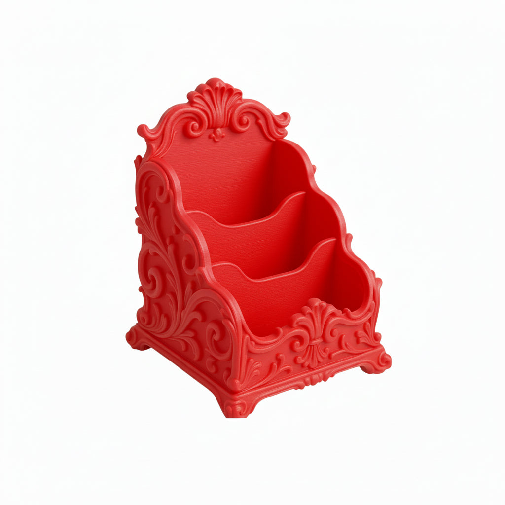 Pink baroque desk organizer with rococo detailing, used as a makeup brush holder and letter organizer on a luxury home office desk.