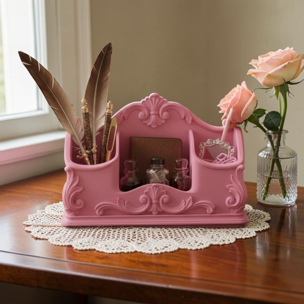 Pink Rococo Desk Organizer, Baroque Office Storage Caddy, Ornate Pen Holder, Vintage Desk Organizer, Feminine Vanity Organizer, Cute Office Decor Gift