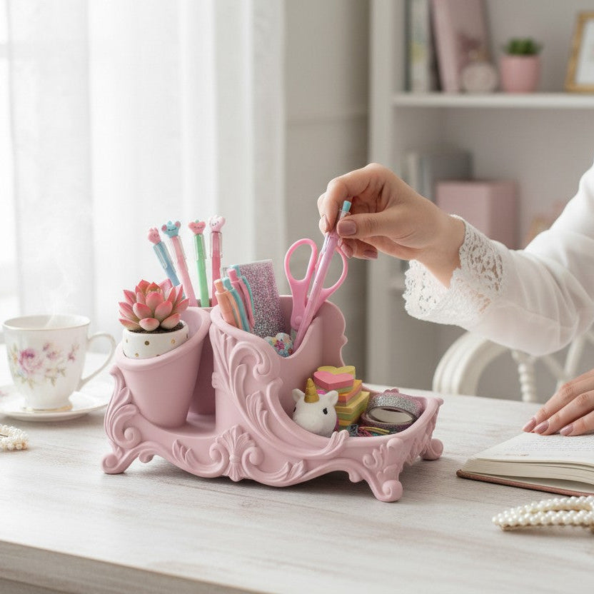 Pink Rococo Desk Organizer, Cute Vanity Organizer, Girly Desk Storage, Baroque Pen Holder, Feminine Office Decor, Aesthetic Desk Accessories Gift