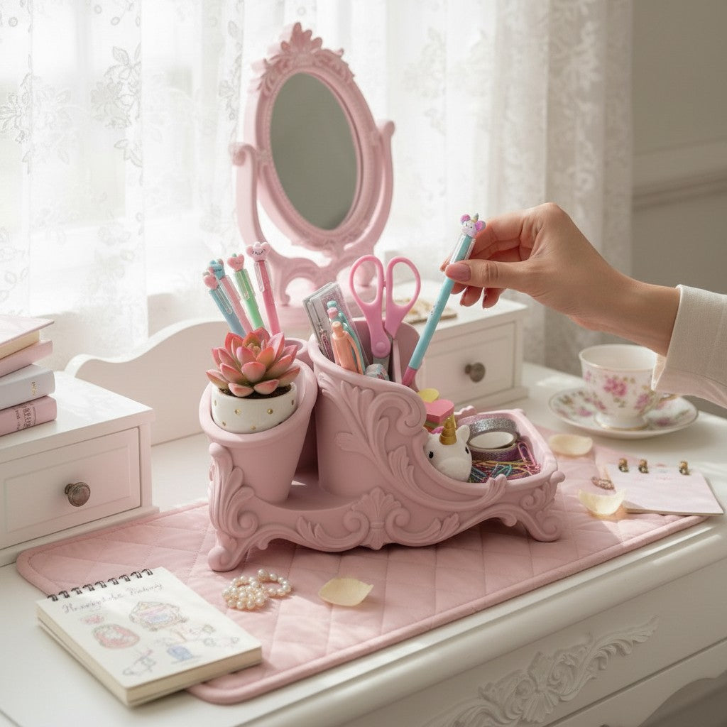 Pink Rococo Desk Organizer, Cute Vanity Organizer, Girly Desk Storage, Baroque Pen Holder, Feminine Office Decor, Aesthetic Desk Accessories Gift