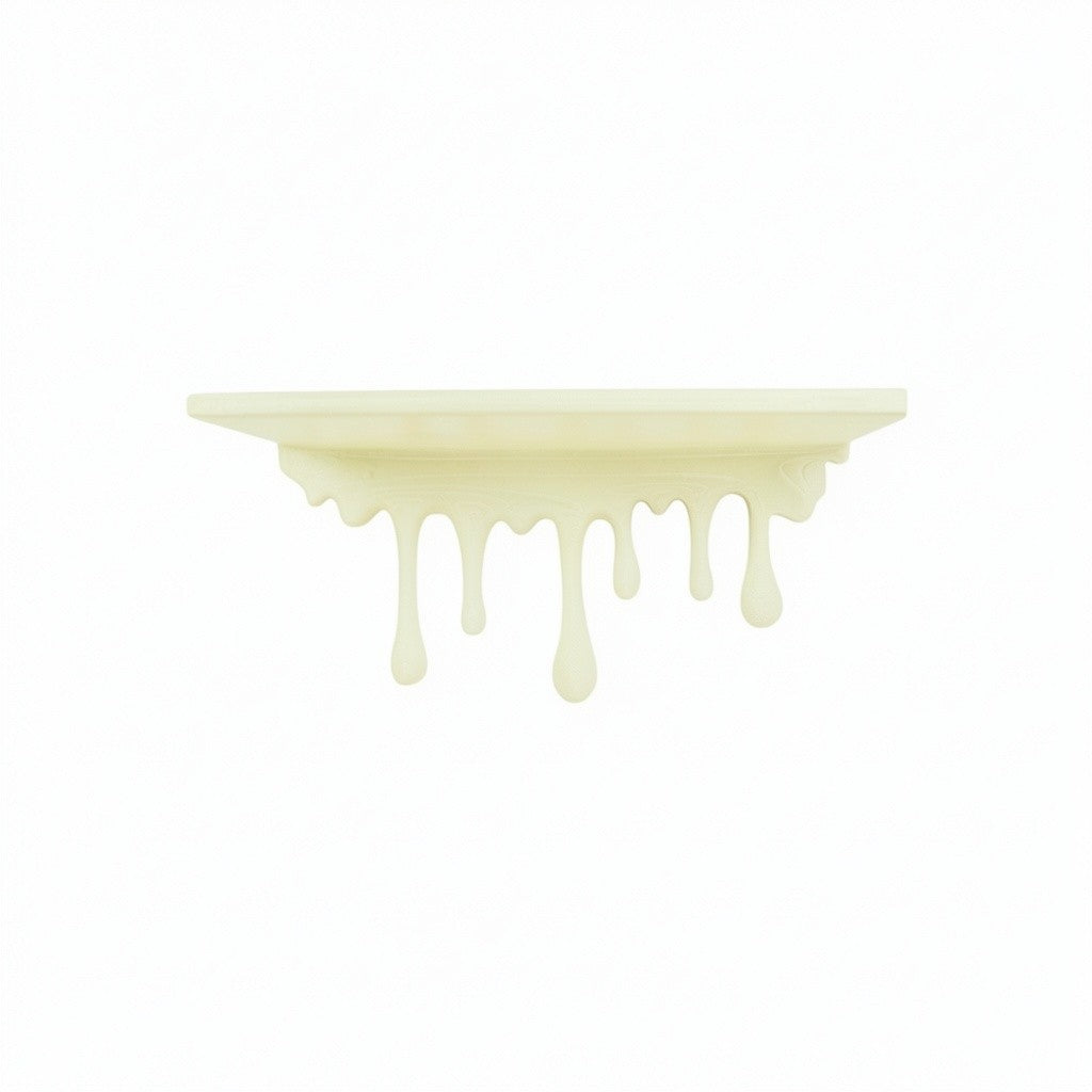 Modern dripping wall shelf with a unique flowing design, mounted on a white wall, showcasing minimalist decor and providing stylish storage for books, plants, or decorative items.