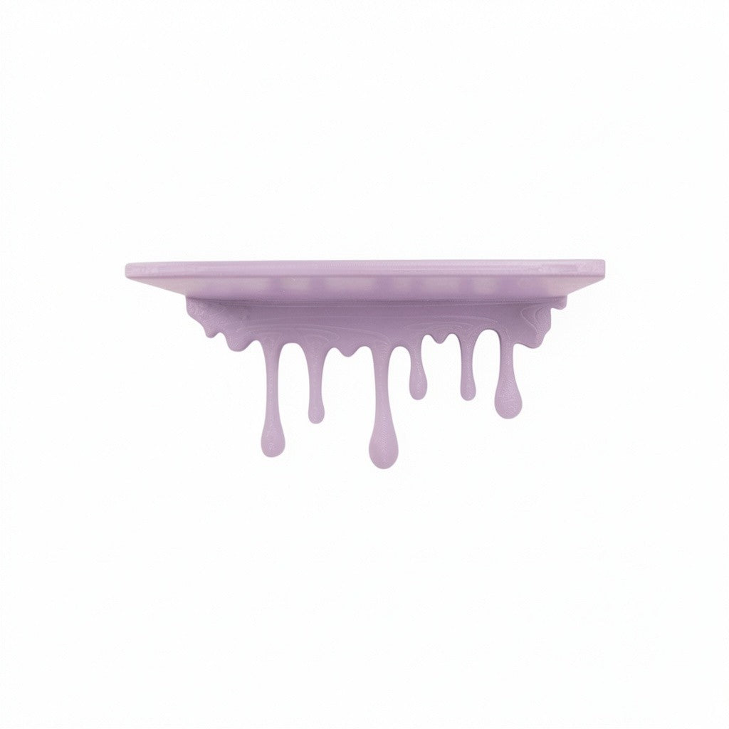 Modern dripping wall shelf with a unique flowing design, mounted on a white wall, showcasing minimalist decor and providing stylish storage for books, plants, or decorative items.