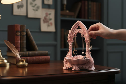 May include: A pink jewellery organiser with an arched design, displaying gold necklaces and earrings. A small dish at the base holds extra jewellery. The organiser sits on a dressing table with a mirror, perfume, and a vase of pink flowers.
