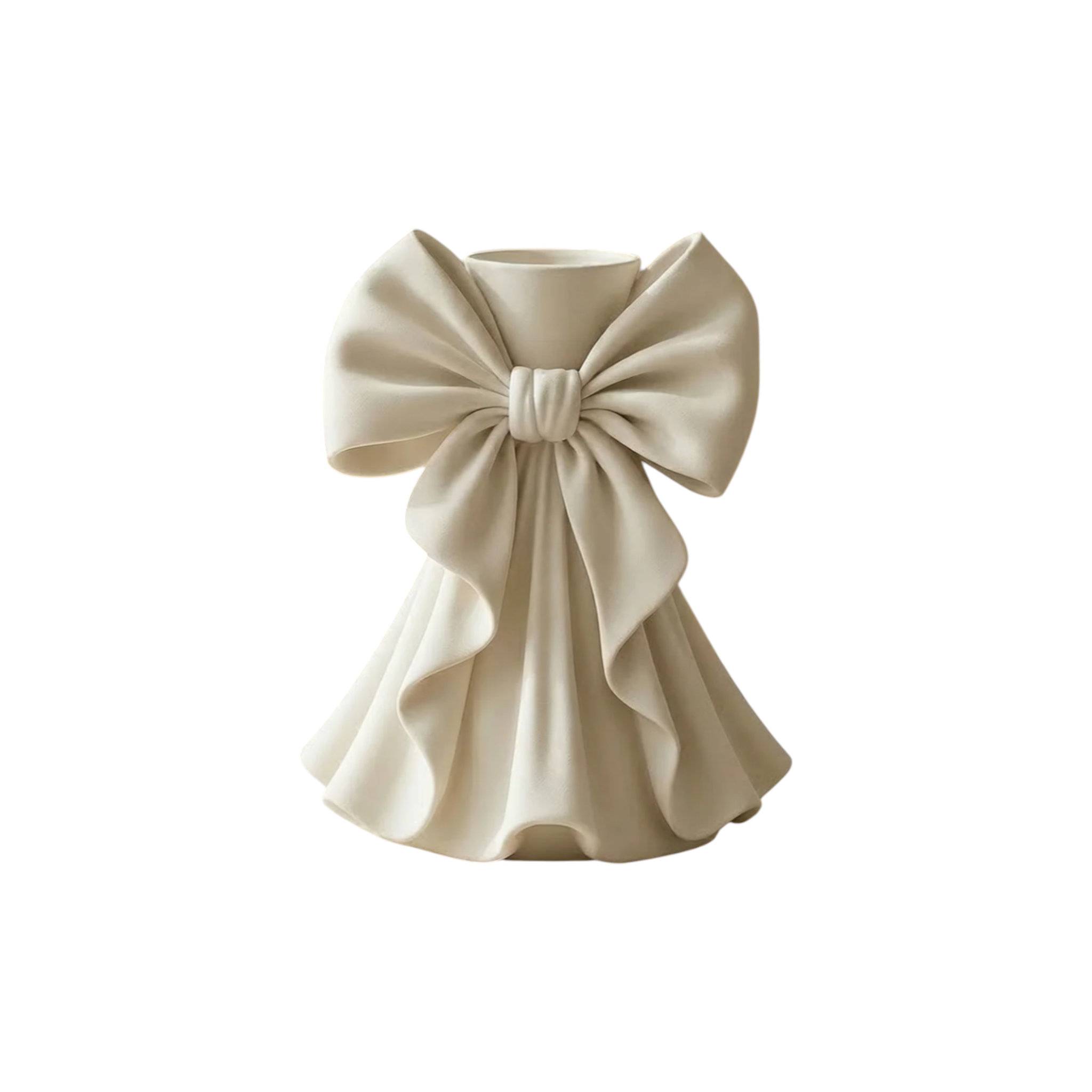 Coquette bow vase with pleated fabric-style design in soft pink on a vanity table
Romantic bow flower vase styled with roses and feminine home decor
Sculptural bow vase with matte finish for bridal and coquette interiors
Feminine decorative vase with gift-inspired silhouette and elegant bow
 Soft aesthetic flower vase designed for romantic and luxury spaces