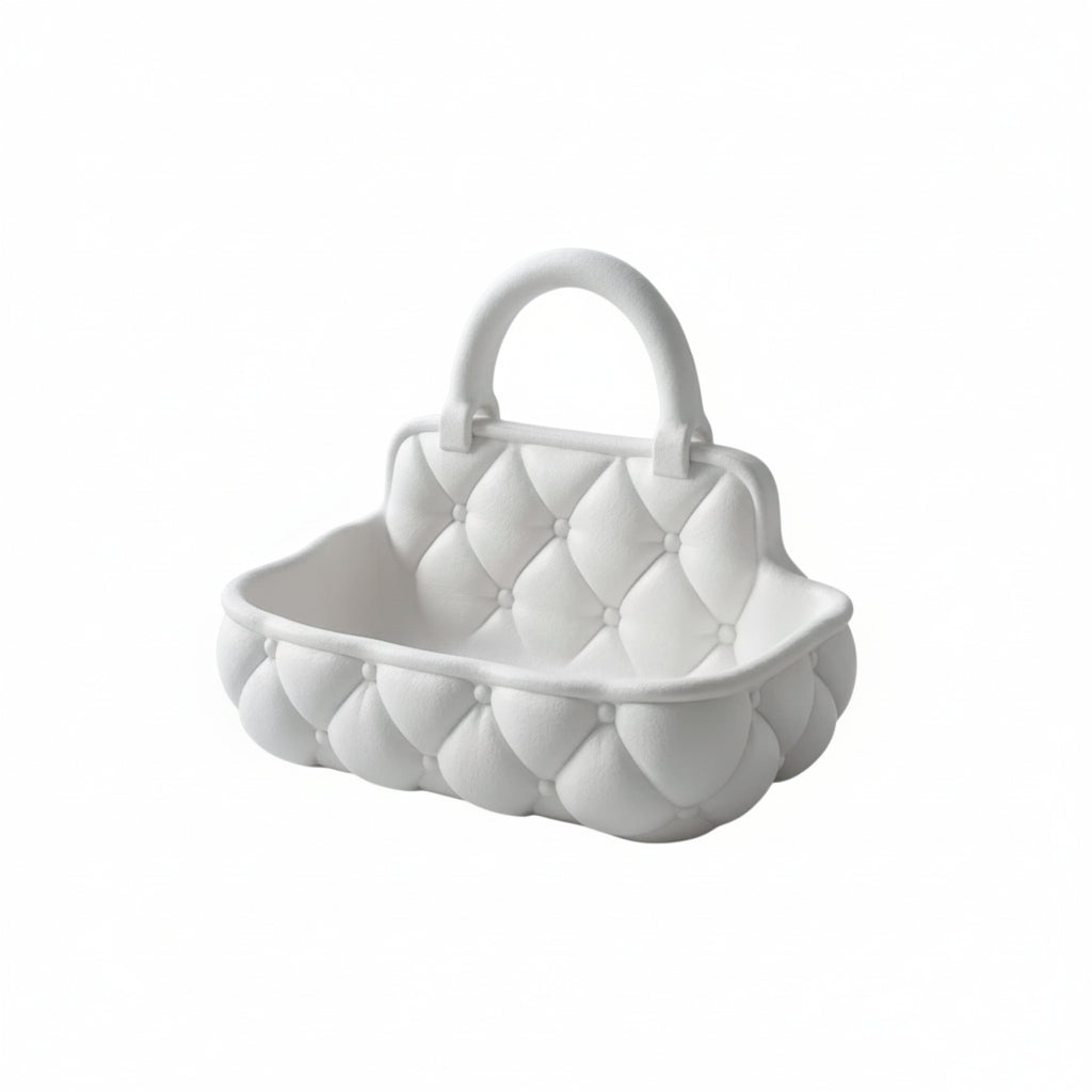 Quilted catchall basket with tufted detailing on vanity countertop, plush makeup and skincare organizer
Soft padded vanity basket with handle holding makeup brushes and skincare bottles
Decorative quilted organizer basket for bathroom or dresser storage
Aesthetic vanity catchall basket used for jewelry, makeup, and daily essentials