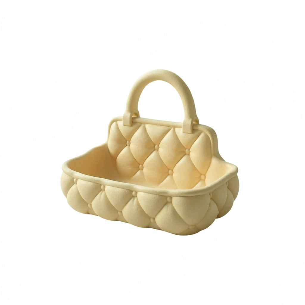 Quilted catchall basket with tufted detailing on vanity countertop, plush makeup and skincare organizer
Soft padded vanity basket with handle holding makeup brushes and skincare bottles
Decorative quilted organizer basket for bathroom or dresser storage
Aesthetic vanity catchall basket used for jewelry, makeup, and daily essentials