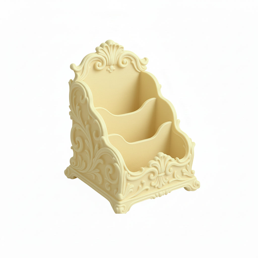 Pink baroque desk organizer with rococo detailing, used as a makeup brush holder and letter organizer on a luxury home office desk.